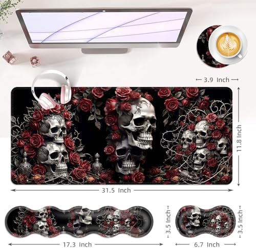 Large Keyboard Mouse Pad Set, Extended Mouse Pad+Keyboard Wrist Rest Support, Memory Foam Ergonomic Easy Typing, 4Pcs (31.5×11.8 in) Desk Pad Set for Office Home,Rose Skull - Image 6