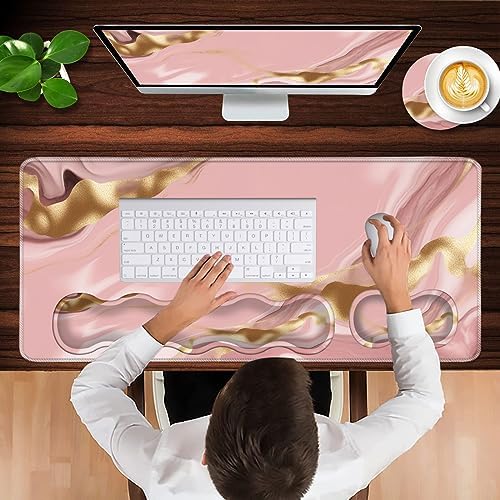 Keyboard Wrist Rest and Mouse Pad with Wrist Support Set Ergonomic Coaster,Memory Foam,Easy Typing Pain Relief,Large XL Desk Mat 31.5"x 11.8",Pink Marble - Image 4