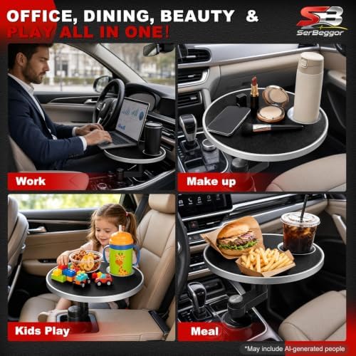 Car Desk for Laptop and Eating - 360°Rotating Cup Holder Table Tray -Black - Image 7