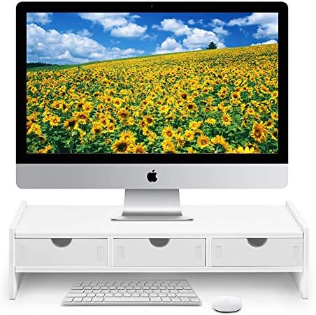 valen Monitor Stand Riser, Computer Laptop Riser Shelf with 3 Organizer Drawers (White, 19.5" L x 7.5" W x 4.7" H) (White) by valen
