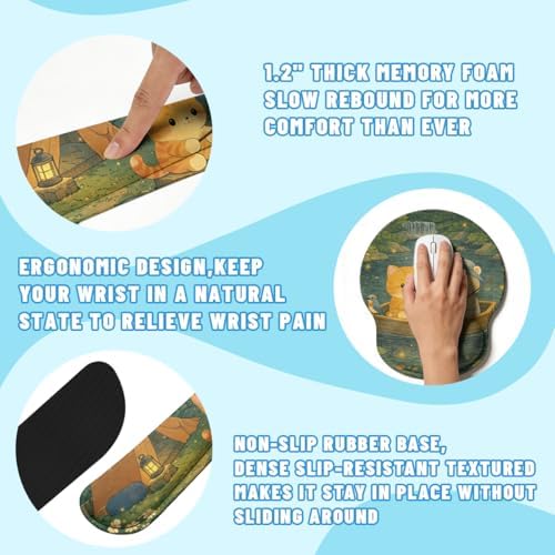 Cute Cat Desk Mat Set Cozy Camping Large Mouse Pad with Wrist Rest 4in1 Desk Mat for Desktop Ergonomic Computer Desk Arm Wrist Anti-Slip Computer Ergonomic Mouse Pad Home Office Gaming - Image 3