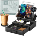 Black Wood Phone Docking Station for up to 3 Phones, Samsung Galaxy Watch Compatible Nightstand Organizer with Drawer for Valuables for Men & Women, Holds Phones, Tablets, Keys, Rings, Glasses, EDC by ParkwayHome