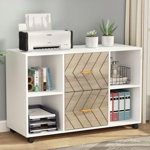 Tribesigns 2 Drawer File Cabinet, Large Mobile Lateral Filing Cabinet for Letter Size, Printer Stand with Storage Shelves and Rolling Wheels for Home Office (White) by Tribesigns