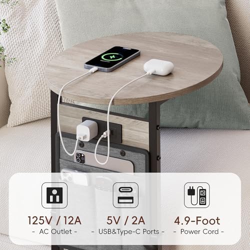 Vagusicc C Shaped End Table with Charging Station, 32" Tall Side Table for Couch and Recliner, Adjustable Height Small Couch Side Table Slide Under Sofa TV Tray Table for Living Room, Bedroom, Greige - Image 6