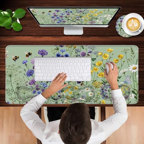 Keyboard Wrist Rest and Mouse Pad with Wrist Support Set Ergonomic Coaster,Memory Foam,Easy Typing Pain Relief,Large XL Desk Mat 31.5"x 11.8",Bee Wildflower Meadow - Image 4
