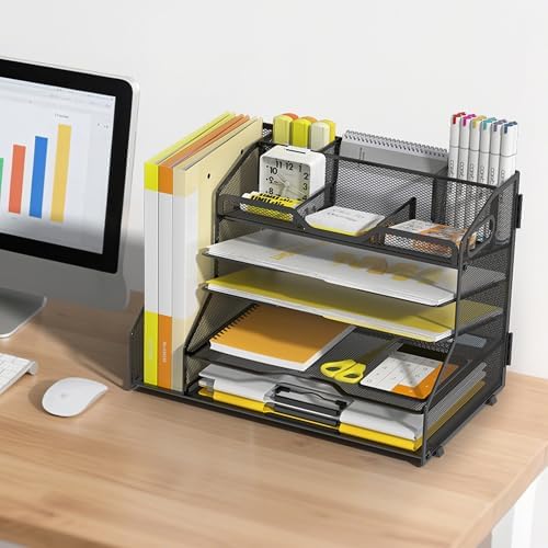 YINGHUA 5-Tier Mesh Desk Organizer and File Holder, Letter Tray - Black - Image 6