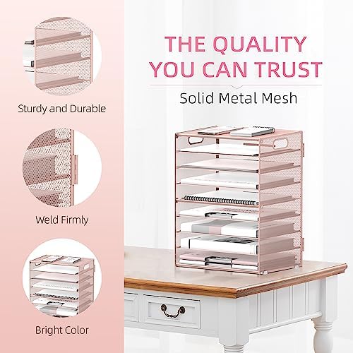 9-Tier Paper Organizer for Desk, Metal Mesh Letter Tray with Handles, Pink - Image 5