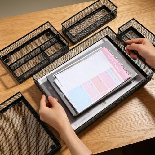 5 Pack Desk Drawer Organizer Tray Set - Stackable Metal Mesh Desk Drawer Organizers and Accessories, for Office Supplies Storage(Black) - Image 7