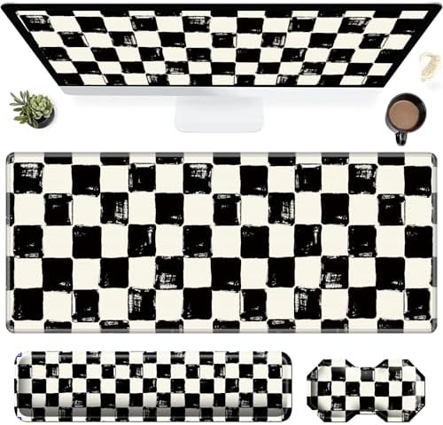 3Pcs Mouse Pad Set, Black White Checkerboard Large Gaming Mouse Pad with Stitched Edge, Ergonomic Memory Foam Keyboard Wrist Support and Mouse Wrist Rest Cushion, Pain Relief Non-Slip Desk Pad Combo by SROJDHFJB