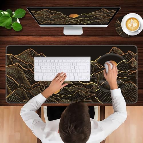 Mouse Pad,Large Pink Desk Mat, 4in1 XXL Mousepad + Keyboard Wrist Rest+Mouse Wrist Rest+Coaster Set with Ergonomic Desk Pad for Home Office Table Computer-Golden Mountain Line Moon Landscape - Image 4