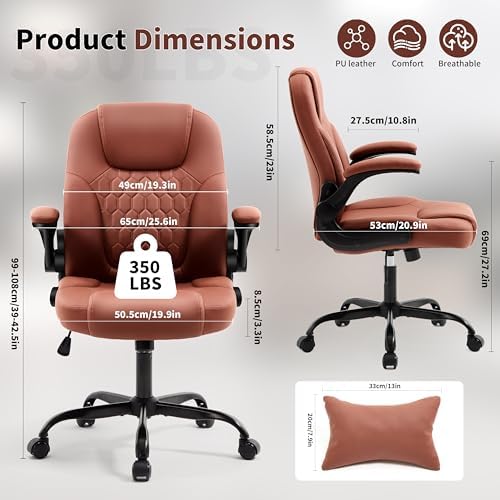 Leather Office Chair Swivel Lumbar Support for Short People Brown - Image 2