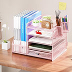 Marbrasse Desk Organizer with File Holder, 5-Tier Paper Letter Tray Organizer with Drawer and 2 Pen Holder, Mesh Desktop Organizer and Storage with Magazine Holder for Office Supplies(Pink) - Image 3
