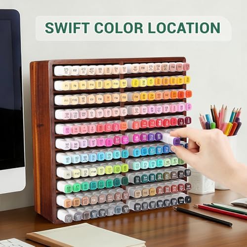 walowalo Acacia Wood Marker Organizer with 22 Compartments Holds 176 Markers, Alcohol Marker Storage Desk Organizer Pen Holder for Office Home Classroom Artists Kids Birthday Gift - Image 6