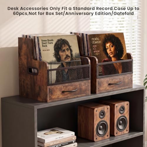 Vinyl Record Storage,Wooden Album Crate Holder,Holds up to 60 Records with Wood Drawer and Metal Dividers,Desk Accessories Storage Box for Home Kitchen Office Organization - Image 4