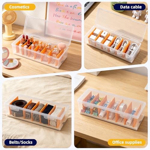 VZZNN 5 Pack Clear Cable Organizer Box with Lid, Plastic Cord Storage Case for Chargers, Power Cords, Electronics Accessories – Transparent Desk Organizer, Stackable, Adjustable Dividers - Image 6