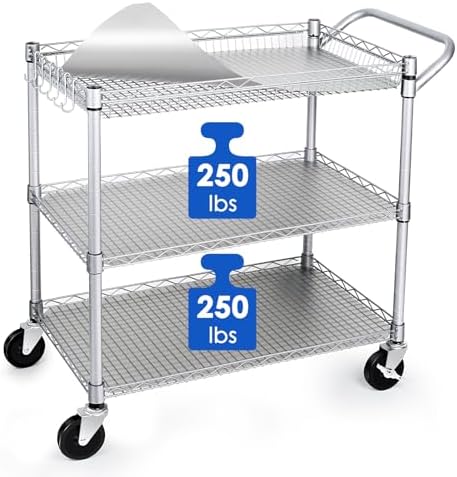 WDT Heavy Duty 3 Tier Utility Cart,Wire Rolling Carts with Wheels, Commercial Grade Service Cart with Shelving Liners and Handle Bar Metal Carts for Kitchen Office Hardware by WDT