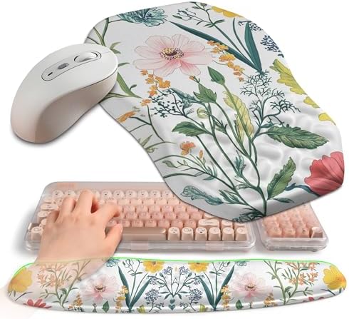 2-in-1 Ergonomic Set, Wave Keyboard Wrist Rest and Massage Slope Mouse Pad Wrist Support, Rebound Memory Foam for Relieve Carpal Tunnel Syndrome and Wrist Pain (Pink Flowers) by Gleamtide