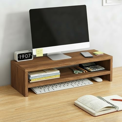 Solid Wood Monitor Stand Riser & Laptop Stand Desk Organizer - Office Accessories for PC Workspace, Computer Organization, Countertop Hutch Flamed Wood 19.7x7.9x5.2in by Unknown