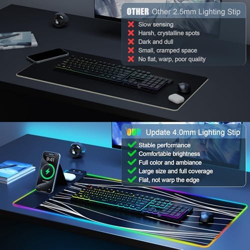 Mouse Pad with Phone Holder, Wireless Charging Desk Mat, RGB Gaming Mousepad Home Office Large Desk Pad with Ultra-Smooth Surface, Non-Slip Base, Waterproof Keyboard Pad,Wavy Black - Image 7
