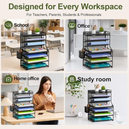 7 Tier Desk File Organizer, Black Metal Letter Tray Paper Organizer with Pull-Out Drawer, Removable Pen Holder & Hanging Basket, Vertical Desktop File Holder for Home Office, Classroom - Image 3