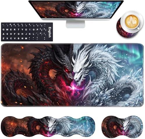 Keyboard Wrist Rest and Mouse Pad with Wrist Support Set Ergonomic Coaster,Memory Foam,Easy Typing Pain Relief,Large XL Desk Mat 31.5"x 11.8",Black and White Dragon by CICPLKSE