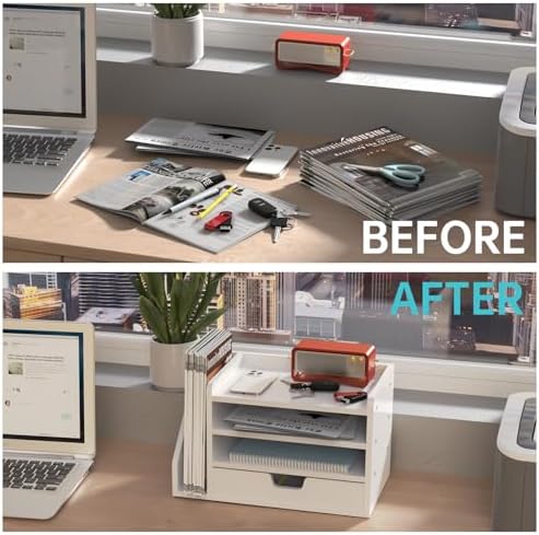 Multi-Tier Wood Desk File Organizer with Side File Rack, 3 Tray Shelves & Adjustable Drawer - Space-Efficient Design Easy to Assemble for Efficient Office Setup, Reduces Desk Clutter (White) - Image 4