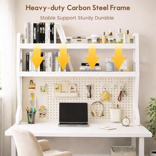 Lefedrasticity 3 Tier Desktop Bookshelf with Pegboard Desktop Organizer Shelf for Dorm Heavy-Duty Desk Shelf Organizer Desk Bookshelf for Office Dorm Room Gaming Desks (White, 45.3" L) - Image 6
