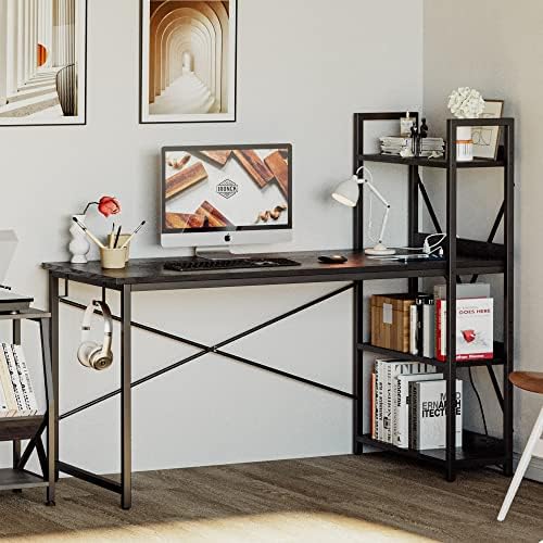 IRONCK Computer Desk 55" with Power Outlet and Storage Shelves, Study Writing Table with USB Ports Charging Station, PC Desk Workstation for Home Office, Black - Image 2