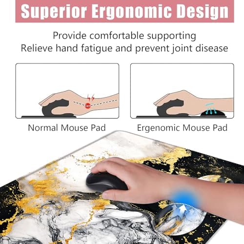 Large Keyboard Mouse Pad Set, Extended Mouse Pad+Keyboard Wrist Rest Support, Memory Foam Ergonomic Easy Typing, 4Pcs (31.5×11.8 in) Desk Pad Set for Office Home,Black and White Gold Marble - Image 5