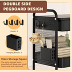 3 Tier Rolling Cart with Drawer, Metal Rolling Utility Cart on Wheels with Pegboard, Art Cart Storage Organizer with Tabletop for Living Room, Office, Bedroom (Black) - Image 3