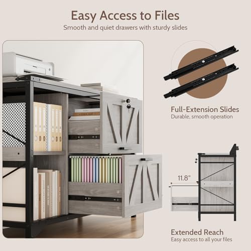 44" File Cabinet, Lateral Filing Cabinet for Home Office with 2 Drawers, Office Storage Cabinet with Lock and Key, Wooden Printer Stand with 4 Storage Shelves and Power Outlets, Office Furniture, Grey - Image 6