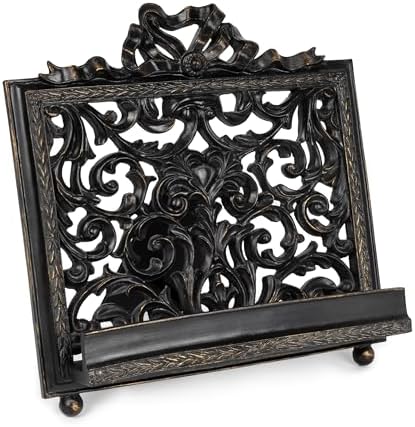AELS Vintage Ornated Cookbook Stand for Kitchen Counter, Farmhouse Recipe Book Holder, Retro Heavy Duty Cook Book Stand, Gift Ideas, Antique Black Hollowed Decor by AELS