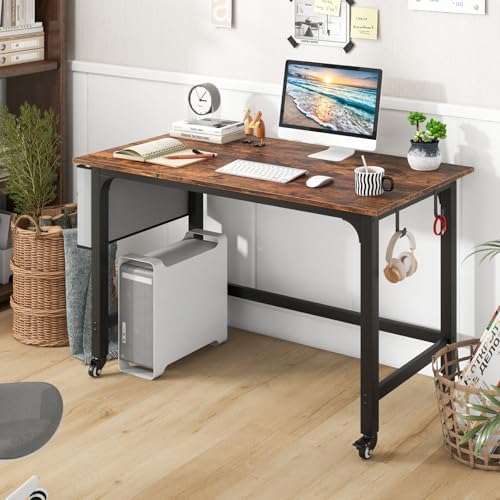 GOFLAME 4ft Conference Table Set of 4, Mobile Home Computer Desk, Meeting Room Table w/Detachable Storage Bag & 2 Headphone Hooks, Rolling Seminar Boardroom Table on Wheels, Black + Rustic Brown - Image 2