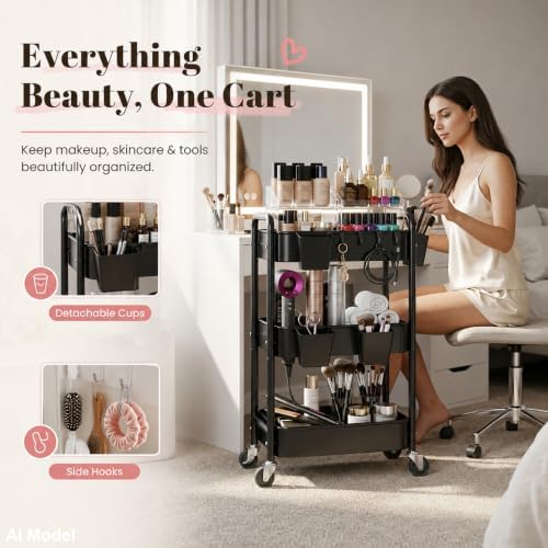 3 Tier Rolling Cart Metal with Wheels,Black Three Tiered Art Cart Organizer - Image 5