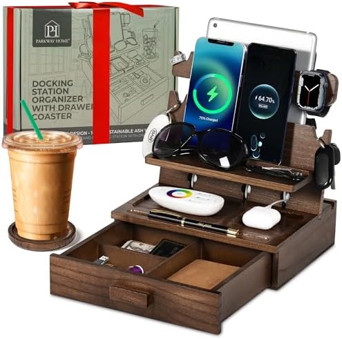 Wood Phone Docking Station for up to 3 Phones - Nightstand Organizer with Drawer for Valuables for Men & Women, Compatible with Apple Watch, Holds Phones, Tablets, Keys, Rings, Glasses, Watches & EDC by ParkwayHome