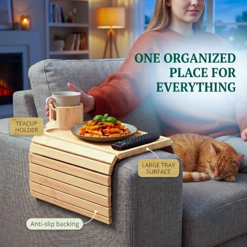 OMEO Couch Cup Holder, Bamboo Sofa Armrest Tray with 360° Rotating Drink Holder, Clip-On Arm Rest Table for Couch, Anti-Slip Armrest Tray for Snacks & Drinks, 18.9" x 12.99" - Image 6