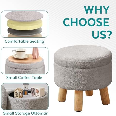Small Foot Stool Ottoman with Storage, Sherpa Ottoman Foot Rest for Couch, Round Footstool with Storage, Small Ottomans and Footstools for Living Room and Entryway (Light Gray) - Image 3