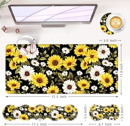 Large Keyboard Mouse Pad Set, Extended Mouse Pad+Keyboard Wrist Rest Support, Memory Foam Ergonomic Easy Typing, 4Pcs (31.5×11.8 in) Desk Pad Set for Office Home,Flower Daisies - Image 6
