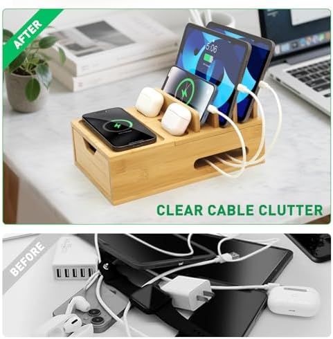 Bamboo Charging Station Organizer with Drawer & Tray, 5-Port USB Charger & 6 Cables, Magnetic Multi-Device Dock for Phones, Tablets, Smartwatches, Kindle, Home & Office - Image 2