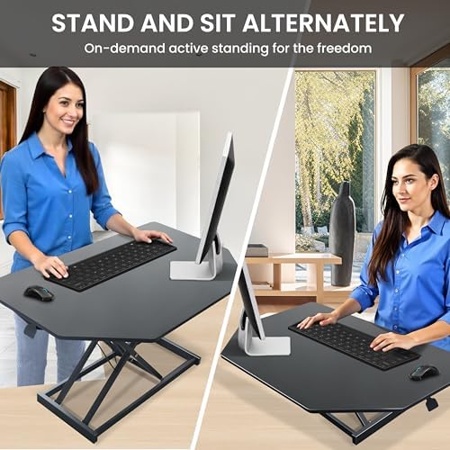 Aconcept 32 inch Black Corner Height Adjustable Standing Desk Converter, One-Click Sit to Stand up Desk Riser, Pre-Assembled for Dual Monitor and Laptop Workstation - Image 4