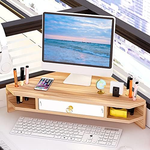 Triangle Monitor Riser,Cut Triangular Computer Monitor Desktop Corner Stand,Desktop Corner Shelf With Drawers Wooden Computer Stand With Storage Laptop Risers Office Organization. - Image 5