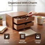 Flexzion Wooden Storage Box with 2 Drawers, Vintage Desktop Organizer - Image 3