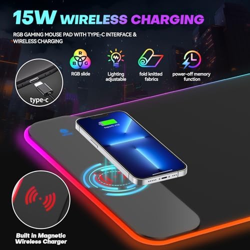 TIDALSOIL RGB Gaming Mouse Pad, 15W Wireless Charger Desk Mat 27.6x11.8 in - Image 2