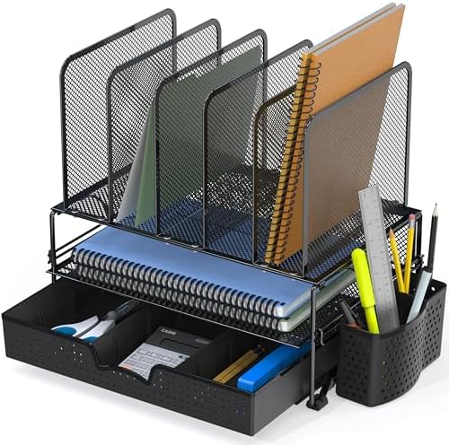 Simple Houseware Desk File Organizer for Office Supplies w/Drawer, Black - Image 5