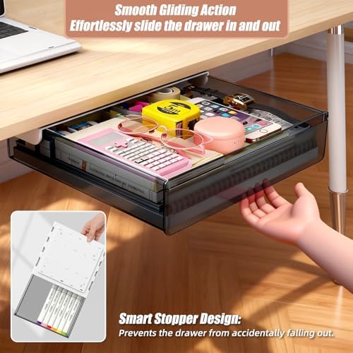 3 Pack Under Desk Drawer Slide Out Storage Organizer, Transparent Black Hidden Desktop Drawer Attachment with 3 Sizes (S/M/L), Adhesive or Screw-Mount Table Tray for iPads, Journals & Desk Accessories - Image 6