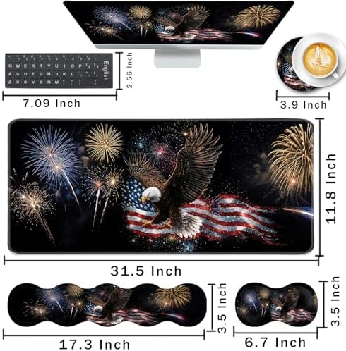 Keyboard Wrist Rest and Mouse Pad with Wrist Support Set Ergonomic Coaster,Memory Foam,Easy Typing Pain Relief,Large XL Desk Mat 31.5"x 11.8",Eagle Fireworks Flag - Image 2