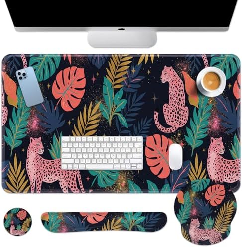 Arttown Keyboard Mouse Pad Set, 4 in 1 Desk Mat Set Leopard Tropical by Arttown