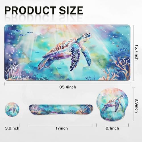 Britimes Keyboard Mouse Pad Set, 4 in 1 Desk Mat Set, Sea Turtle Cute - Image 2