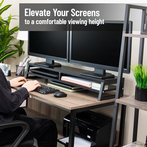 Mind Reader 2-Tier MDF Double Monitor Stand, Dual Screen Riser with Storage Shelf, 33.75 Inch Wide, 88 lb Capacity, Black - Image 2