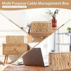 Cable Management Box with Lids-Handwoven Rattan Cord Organizer with Open Slots,Desk Organizer Box to Hide Power Strips&Cords,Office Desk Accessories Storage Basket,2 Pack - Image 2